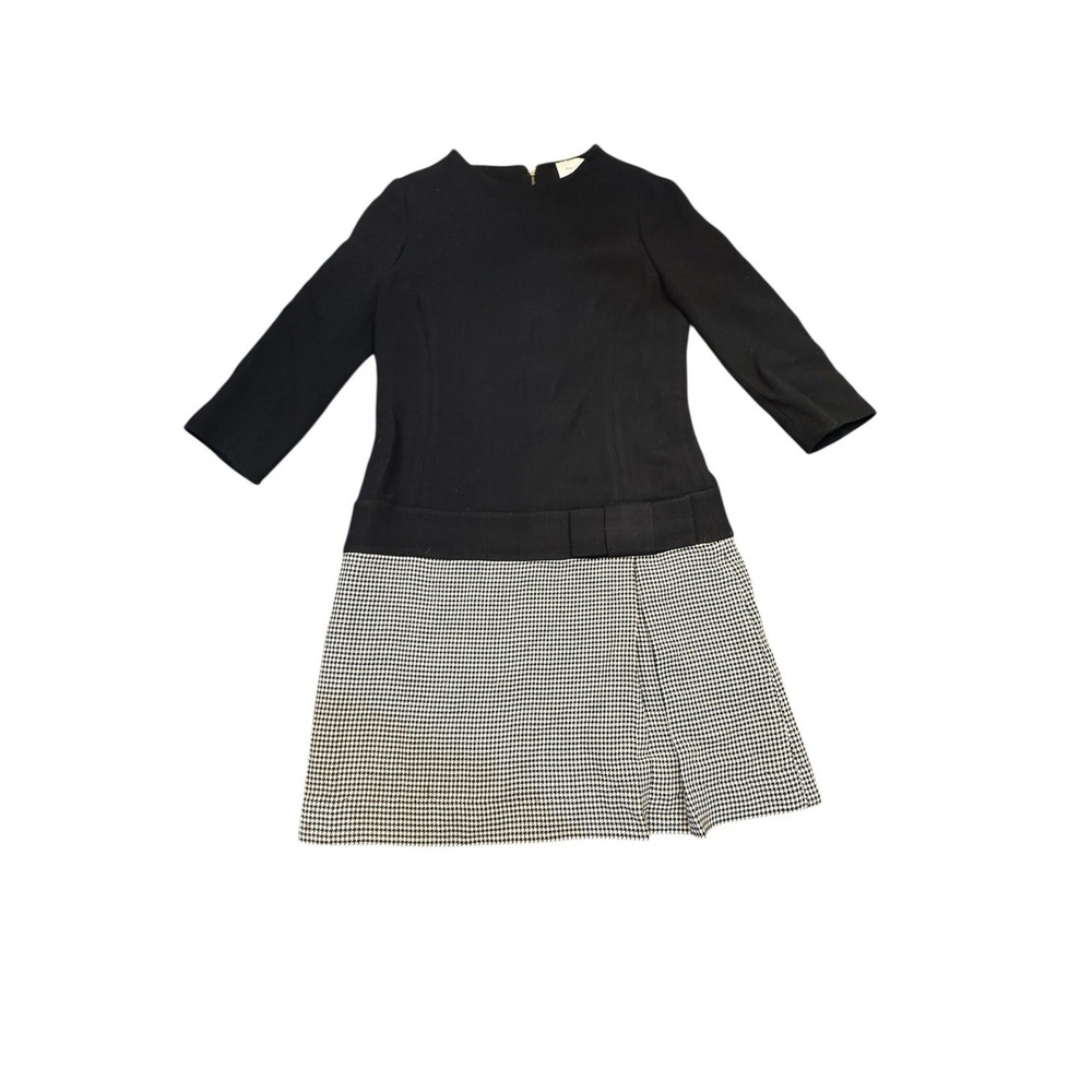 Kate‎ Spade Caravelle Houndstooth Wool Drop Waist Black High Neck Size 2 Dress
